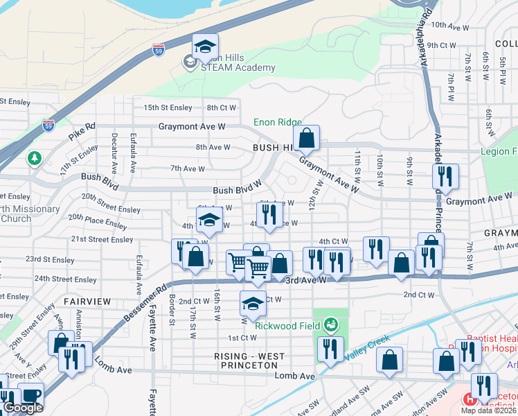 map of restaurants, bars, coffee shops, grocery stores, and more near 1405 5th Avenue West in Birmingham