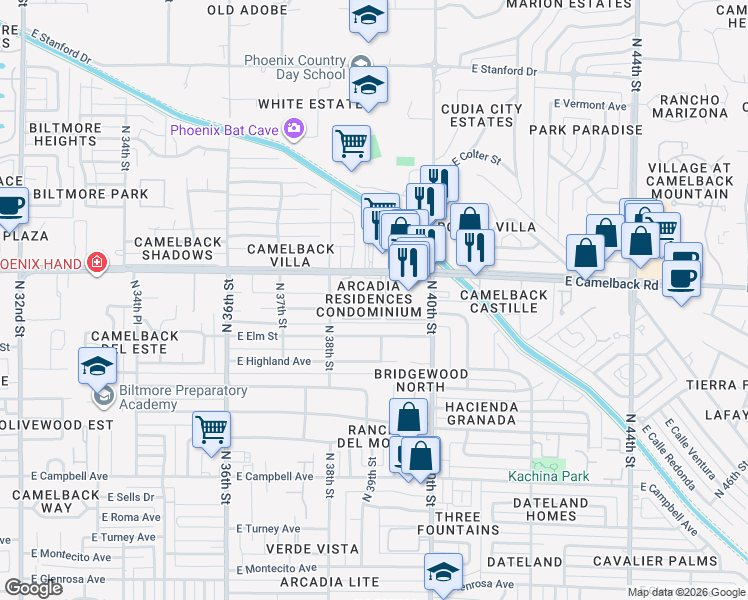 map of restaurants, bars, coffee shops, grocery stores, and more near 3915 East Camelback Road in Phoenix