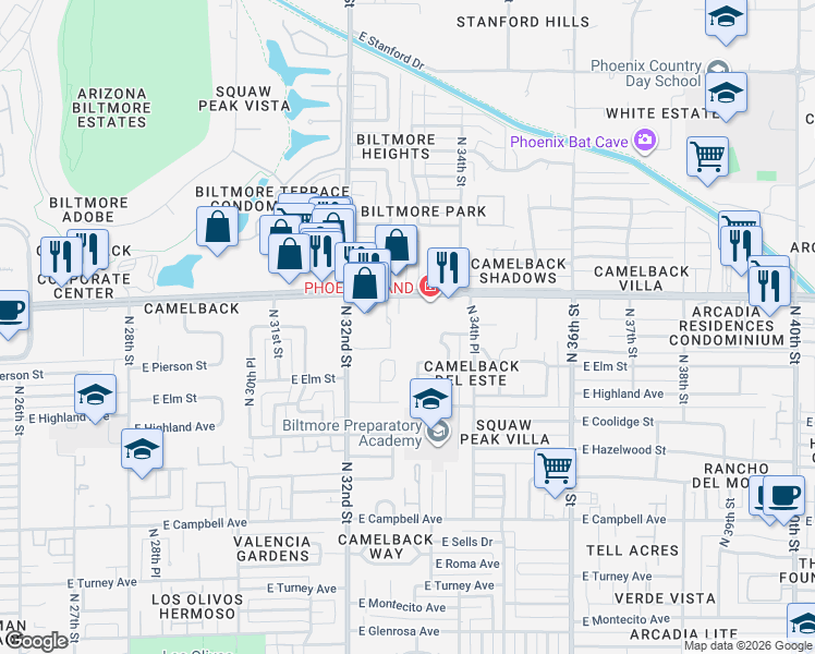 map of restaurants, bars, coffee shops, grocery stores, and more near 3235 East Camelback Road in Phoenix