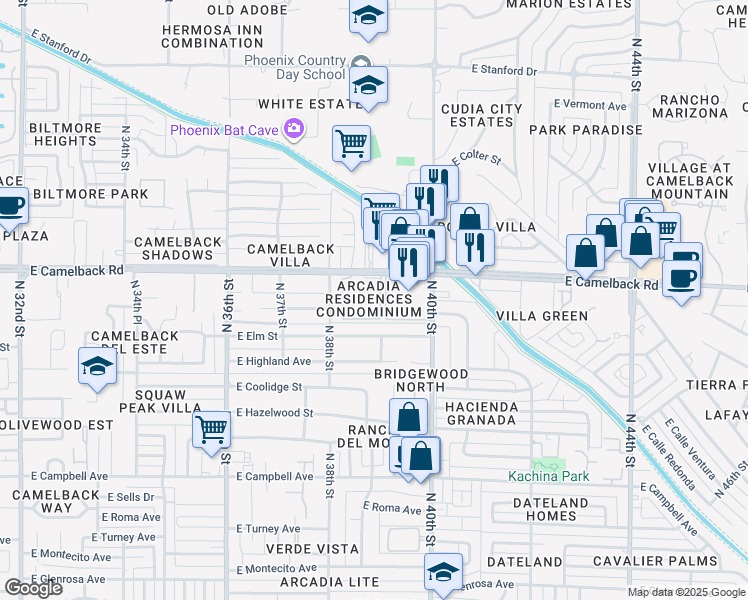 map of restaurants, bars, coffee shops, grocery stores, and more near 3825 East Camelback Road in Phoenix