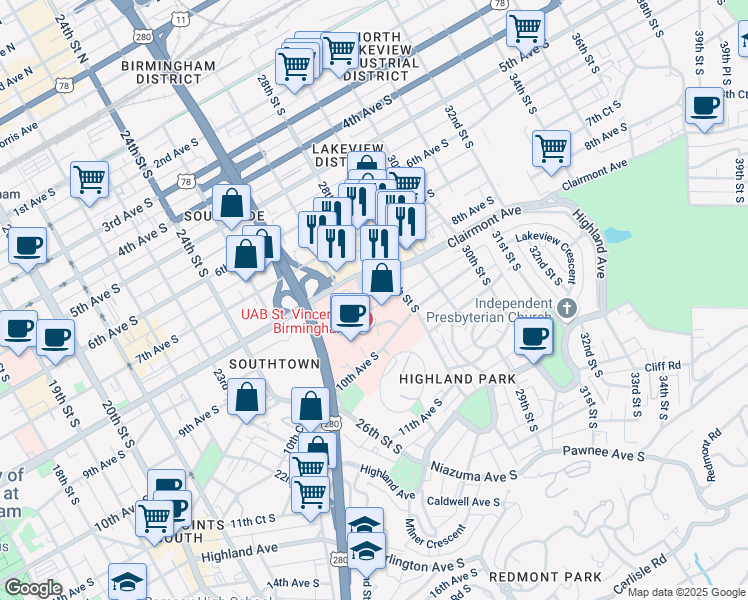 map of restaurants, bars, coffee shops, grocery stores, and more near 810 Saint Vincents Drive in Birmingham