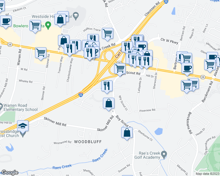 map of restaurants, bars, coffee shops, grocery stores, and more near 2605 York Drive in Augusta