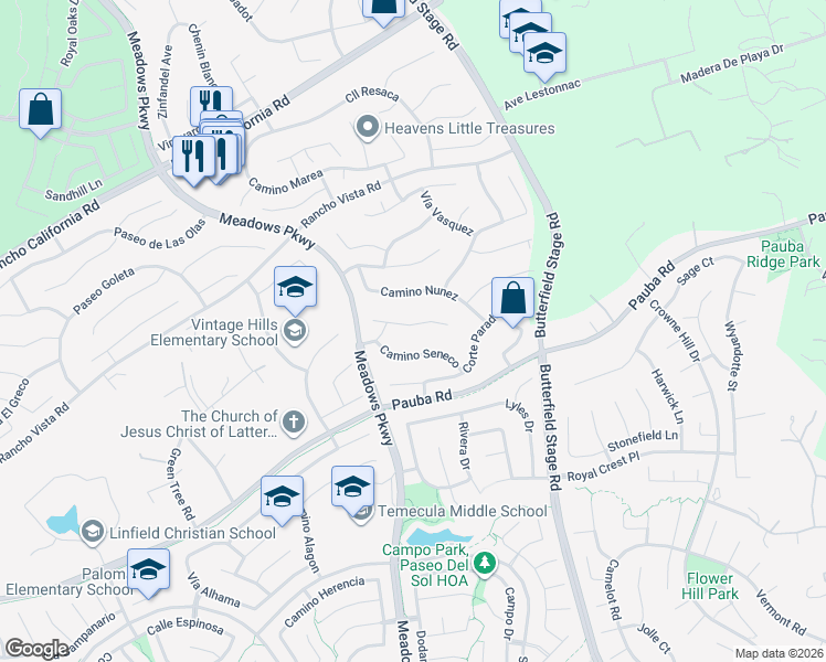 map of restaurants, bars, coffee shops, grocery stores, and more near 32131 Corte Carmela in Temecula