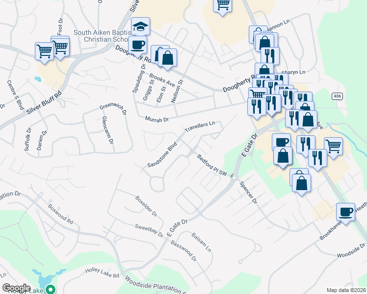 map of restaurants, bars, coffee shops, grocery stores, and more near 105 Raintree Court in Aiken