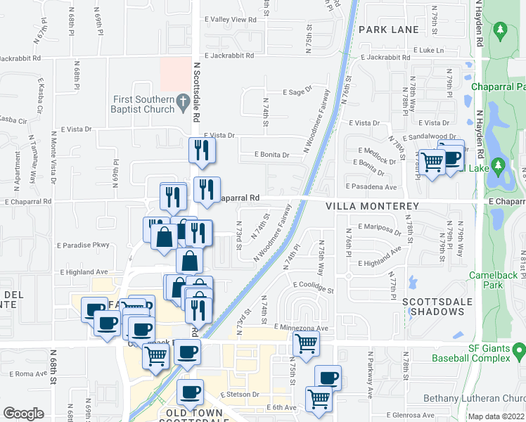 map of restaurants, bars, coffee shops, grocery stores, and more near 7319 East Northland Drive in Scottsdale