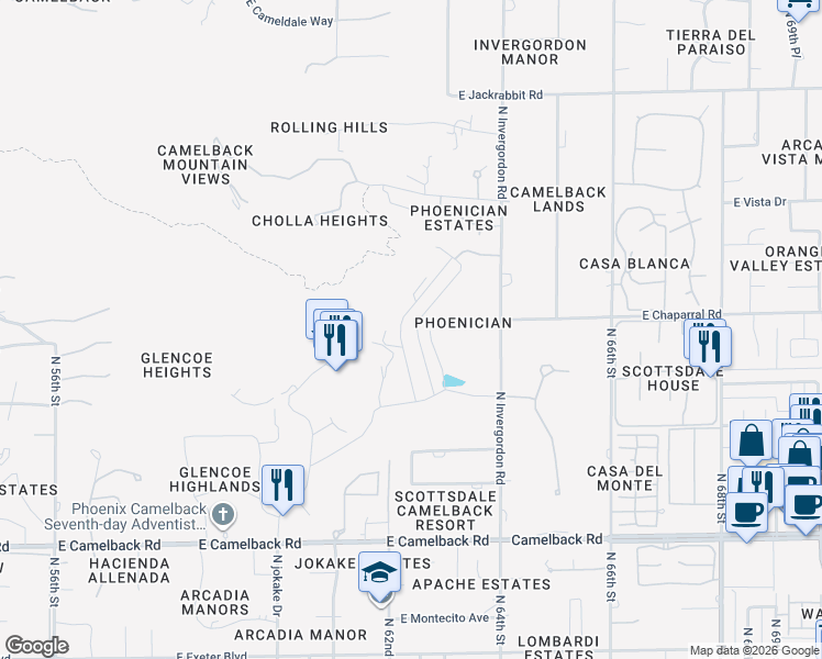 map of restaurants, bars, coffee shops, grocery stores, and more near 4680-4760 North Phoenician Boulevard in Paradise Valley