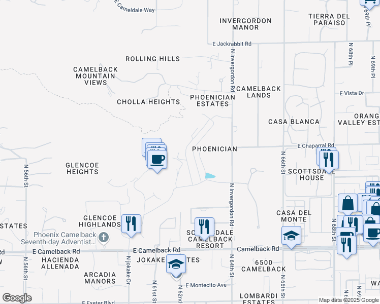 map of restaurants, bars, coffee shops, grocery stores, and more near 4680-4760 North Phoenician Boulevard in Paradise Valley