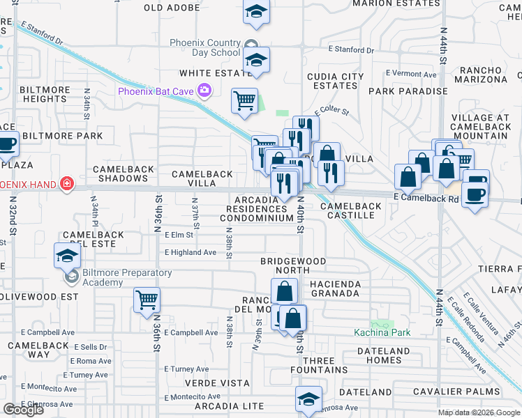 map of restaurants, bars, coffee shops, grocery stores, and more near 3915 East Camelback Road in Phoenix