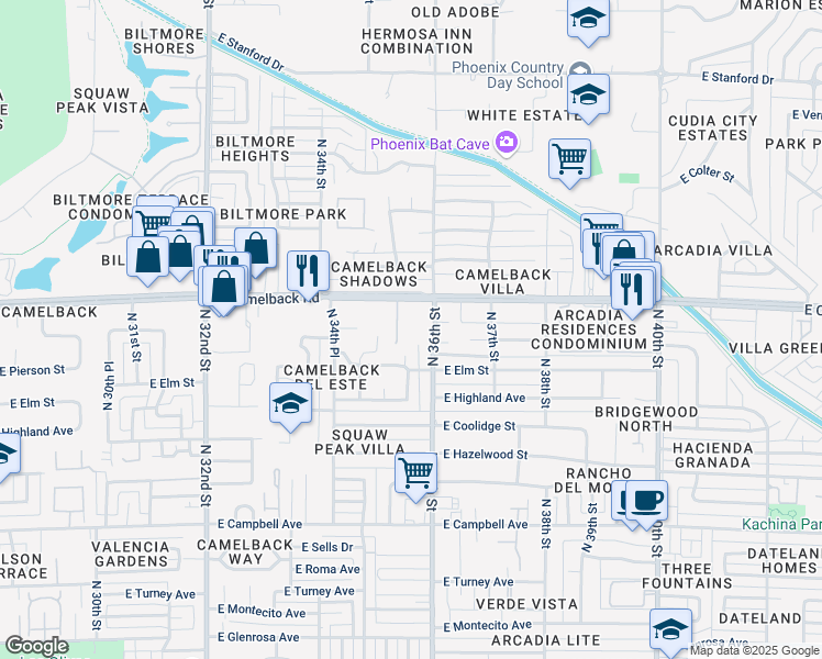 map of restaurants, bars, coffee shops, grocery stores, and more near 4817 North 35th Way in Phoenix