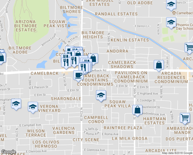 map of restaurants, bars, coffee shops, grocery stores, and more near 3235 East Camelback Road in Phoenix