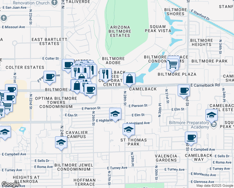 map of restaurants, bars, coffee shops, grocery stores, and more near 2727 East Camelback Road in Phoenix