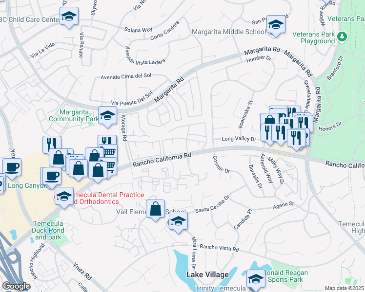map of restaurants, bars, coffee shops, grocery stores, and more near 30020 Rancho California Road in Temecula