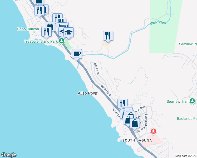 map of restaurants, bars, coffee shops, grocery stores, and more near 31281 Monterey Street in Laguna Beach