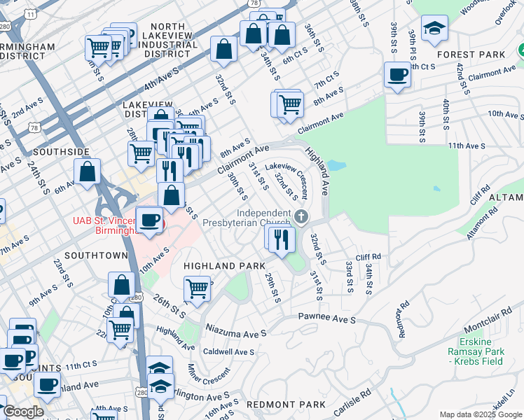 map of restaurants, bars, coffee shops, grocery stores, and more near 2944 Rhodes Circle South in Birmingham