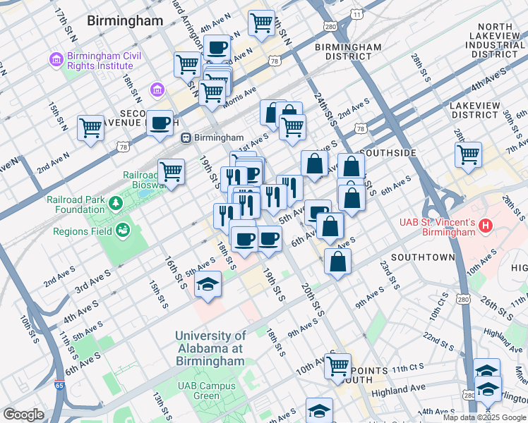 map of restaurants, bars, coffee shops, grocery stores, and more near in Birmingham