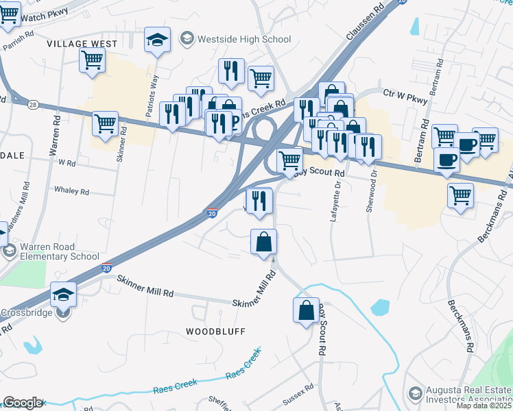 map of restaurants, bars, coffee shops, grocery stores, and more near 2608 York Drive in Augusta