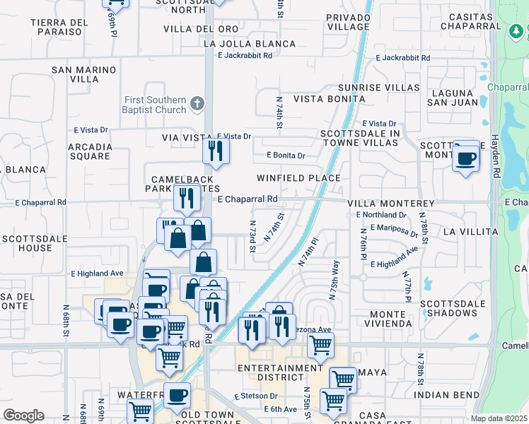 map of restaurants, bars, coffee shops, grocery stores, and more near 7319 East Northland Drive in Scottsdale