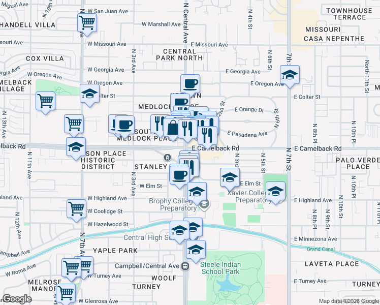 map of restaurants, bars, coffee shops, grocery stores, and more near in Phoenix