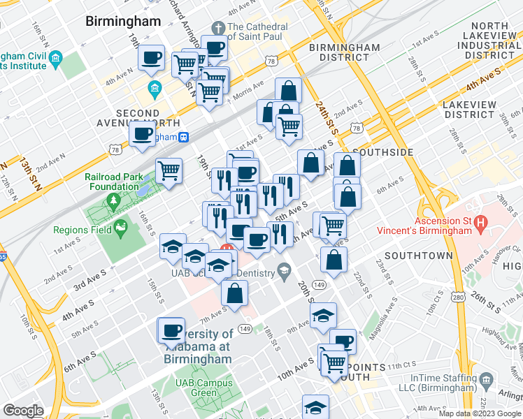 map of restaurants, bars, coffee shops, grocery stores, and more near in Birmingham