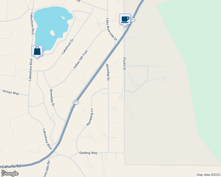 map of restaurants, bars, coffee shops, grocery stores, and more near Roundup Drive in Lake Riverside