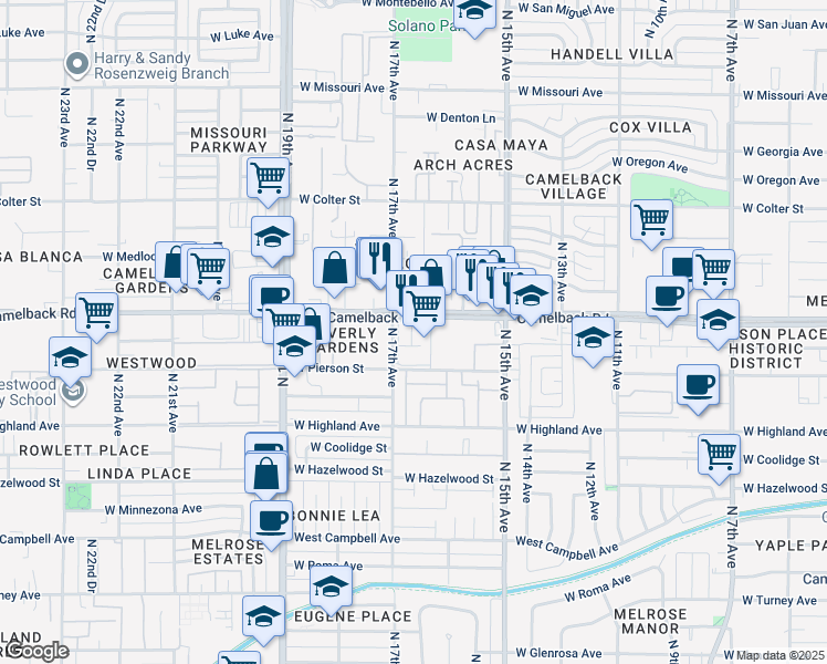 map of restaurants, bars, coffee shops, grocery stores, and more near 1625 West Camelback Road in Phoenix