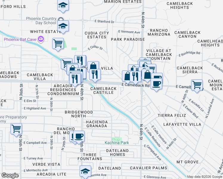 map of restaurants, bars, coffee shops, grocery stores, and more near 4148 East Calle Redonda in Phoenix