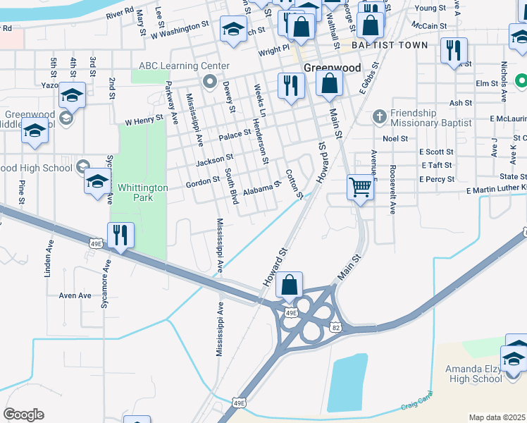 map of restaurants, bars, coffee shops, grocery stores, and more near 601 Mcneace Street in Greenwood