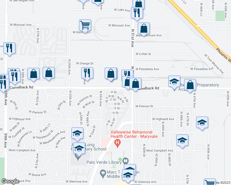 map of restaurants, bars, coffee shops, grocery stores, and more near B St in Phoenix