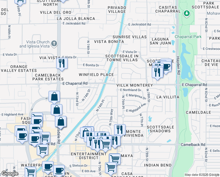 map of restaurants, bars, coffee shops, grocery stores, and more near 4950 North Miller Road in Scottsdale