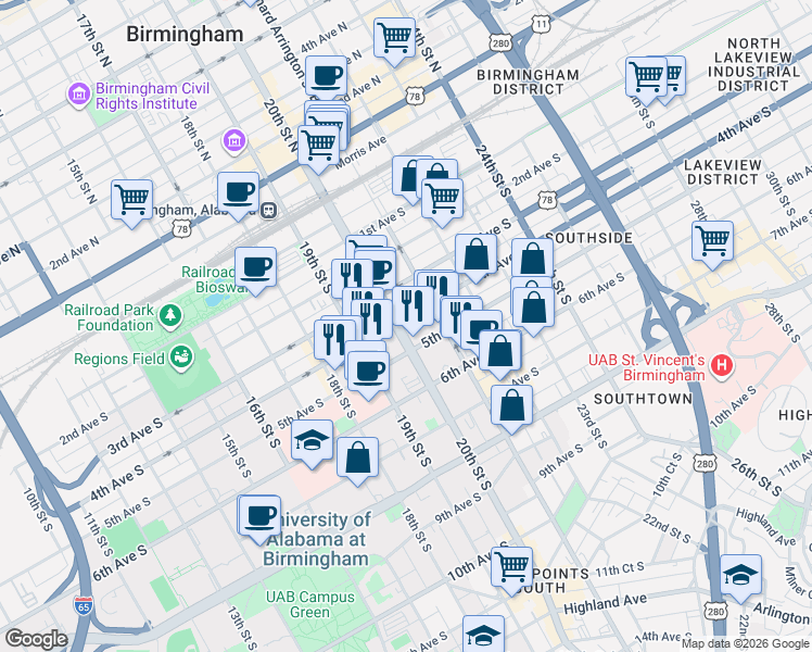 map of restaurants, bars, coffee shops, grocery stores, and more near in Birmingham