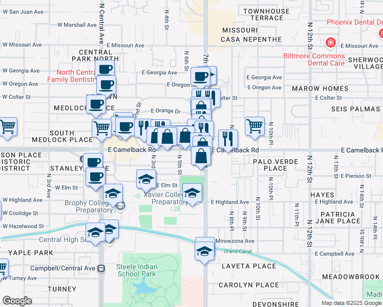 map of restaurants, bars, coffee shops, grocery stores, and more near 512 East Mariposa Street in Phoenix