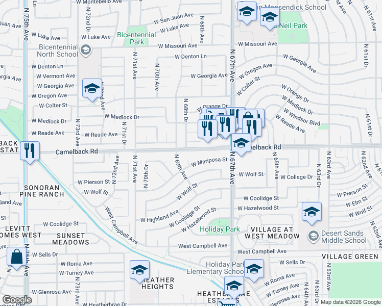 map of restaurants, bars, coffee shops, grocery stores, and more near 6814 West Mariposa Drive in Phoenix