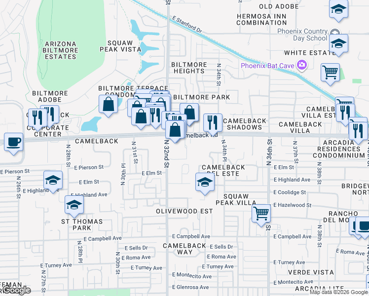 map of restaurants, bars, coffee shops, grocery stores, and more near 3233 East Camelback Road in Phoenix