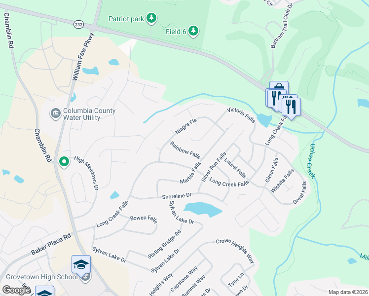 map of restaurants, bars, coffee shops, grocery stores, and more near 216 Rainbow Falls in Grovetown