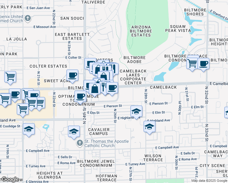 map of restaurants, bars, coffee shops, grocery stores, and more near 2555 East Camelback Road in Phoenix