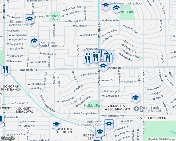 map of restaurants, bars, coffee shops, grocery stores, and more near 6726 West Mariposa Drive in Phoenix
