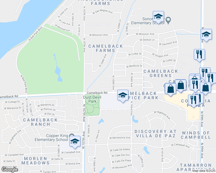 map of restaurants, bars, coffee shops, grocery stores, and more near 10520 West Pasadena Avenue in Glendale