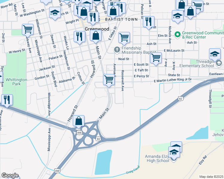 map of restaurants, bars, coffee shops, grocery stores, and more near 1309 Avenue East in Greenwood