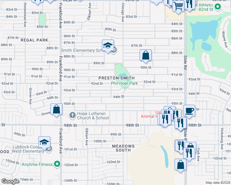 map of restaurants, bars, coffee shops, grocery stores, and more near 5511 93rd Street in Lubbock