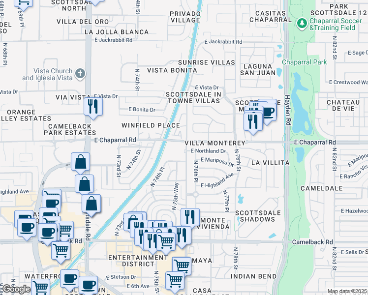 map of restaurants, bars, coffee shops, grocery stores, and more near 4950 North Miller Road in Scottsdale