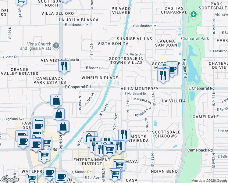 map of restaurants, bars, coffee shops, grocery stores, and more near 4950 North Miller Road in Scottsdale
