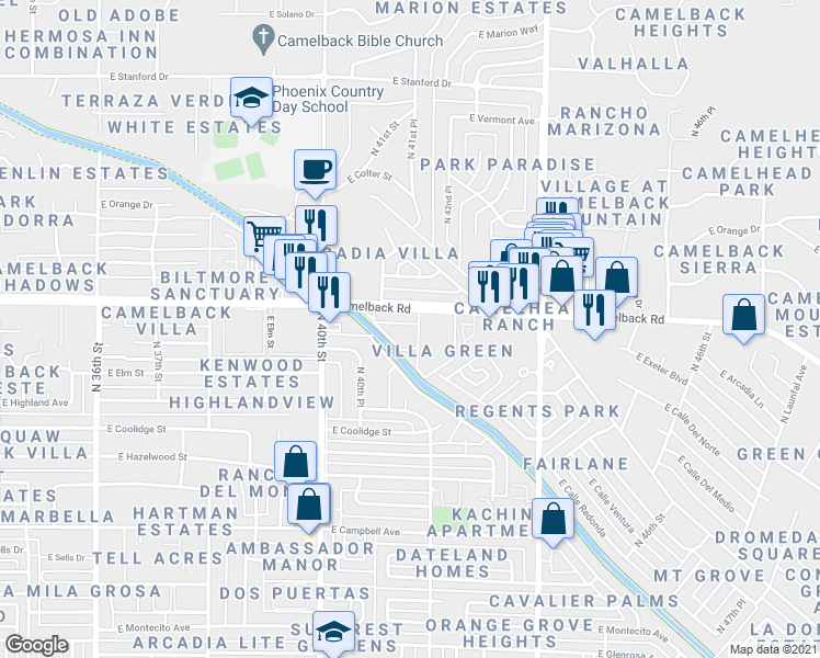 map of restaurants, bars, coffee shops, grocery stores, and more near 4148 East Calle Redonda in Phoenix