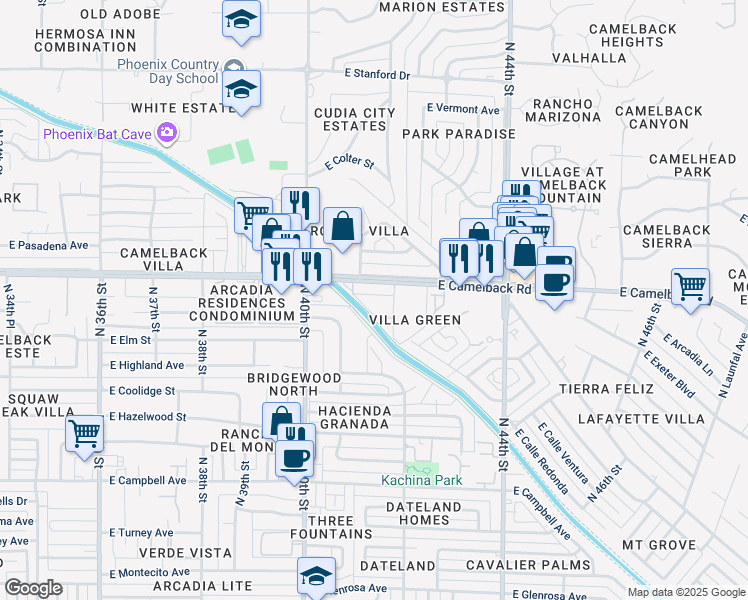 map of restaurants, bars, coffee shops, grocery stores, and more near 4040 East Elm Street in Phoenix