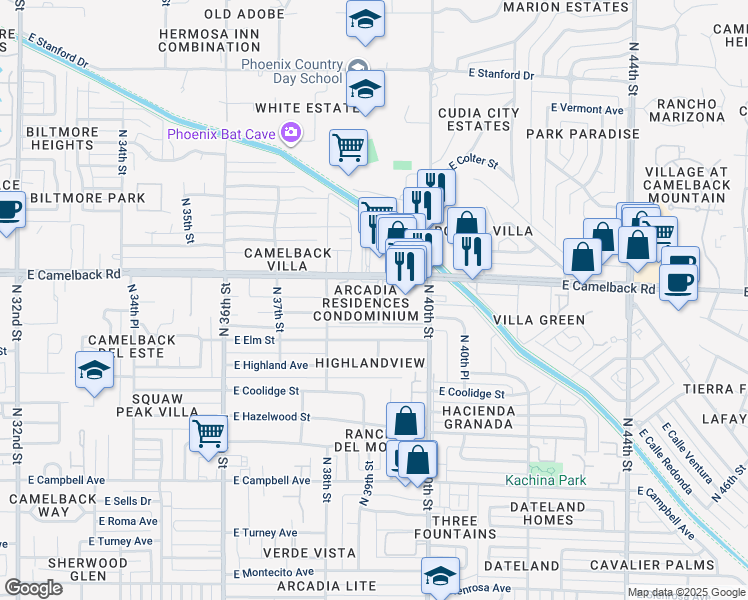 map of restaurants, bars, coffee shops, grocery stores, and more near 3915 East Camelback Road in Phoenix