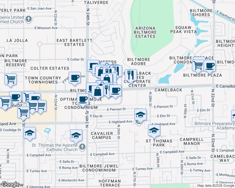 map of restaurants, bars, coffee shops, grocery stores, and more near 2575 East Camelback Road in Phoenix
