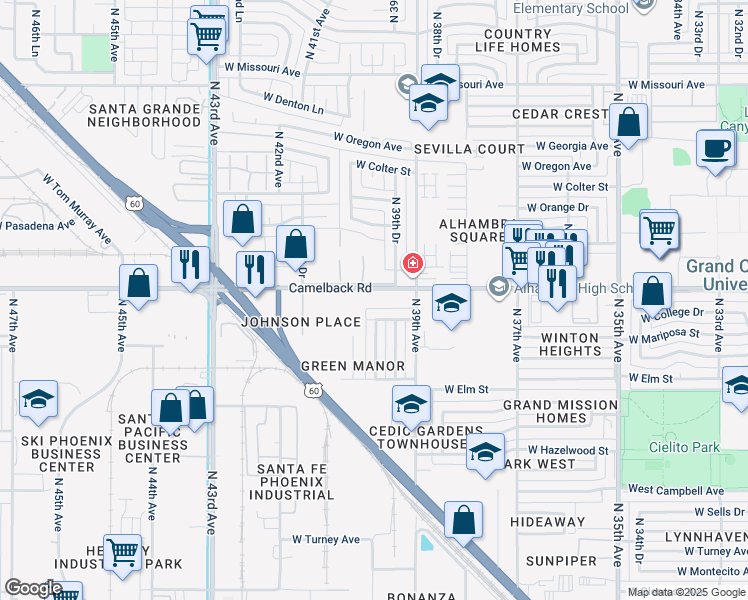 map of restaurants, bars, coffee shops, grocery stores, and more near 3936 West Mariposa Street in Phoenix