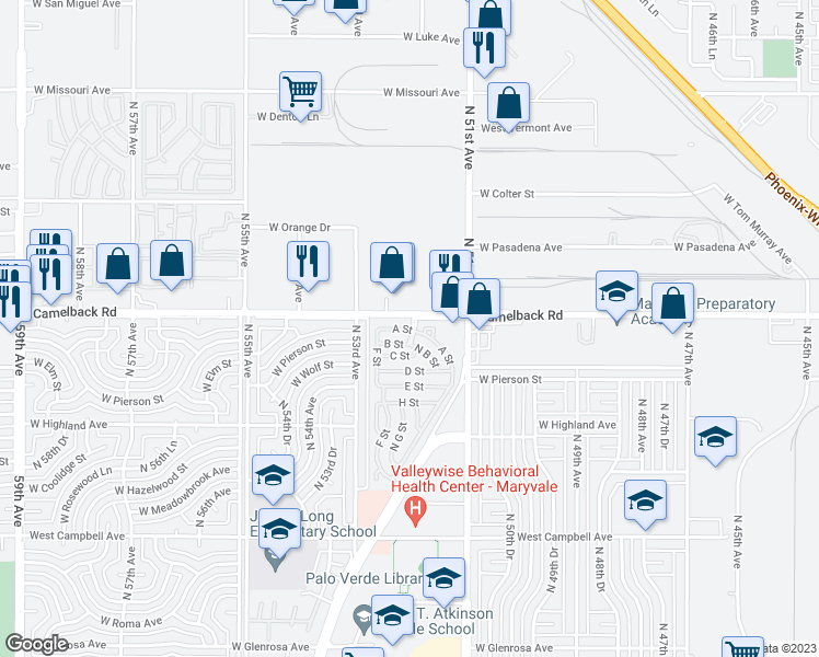 map of restaurants, bars, coffee shops, grocery stores, and more near B St in Phoenix