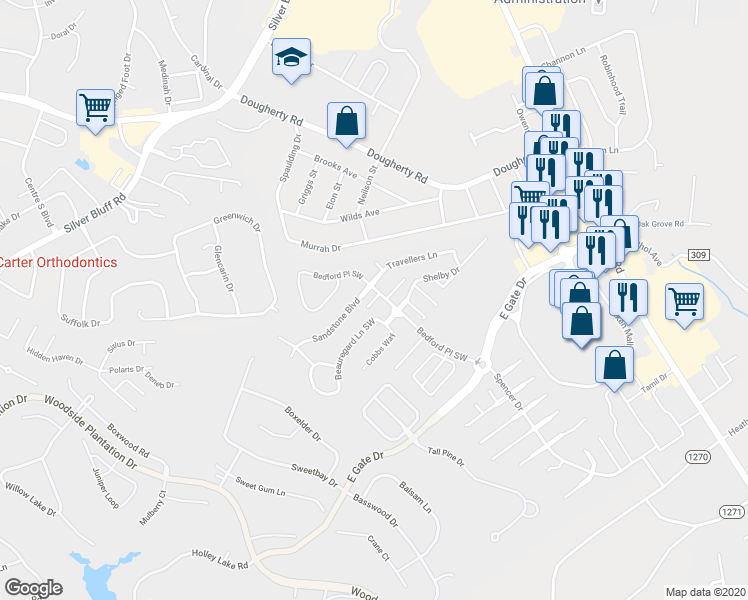 map of restaurants, bars, coffee shops, grocery stores, and more near 124 Beauregard Lane Southwest in Aiken