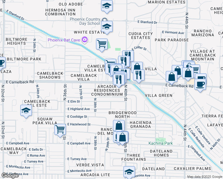 map of restaurants, bars, coffee shops, grocery stores, and more near 3915 East Camelback Road in Phoenix