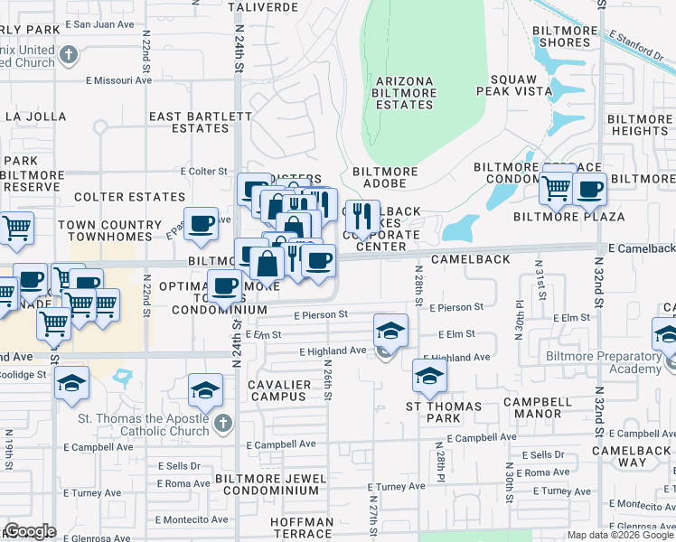 map of restaurants, bars, coffee shops, grocery stores, and more near 2625 East Camelback Road in Phoenix